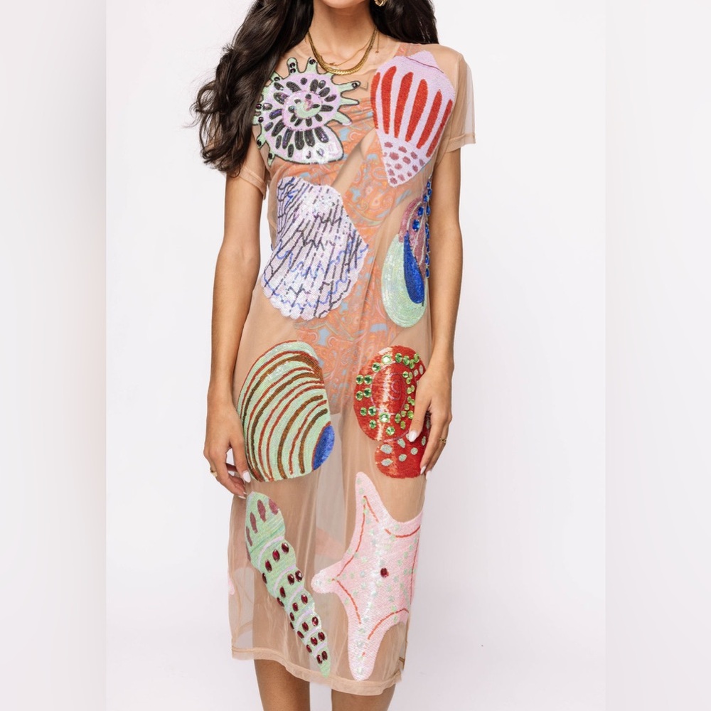 Queen of Sparkles Seashell Embroidered Sheer Dress